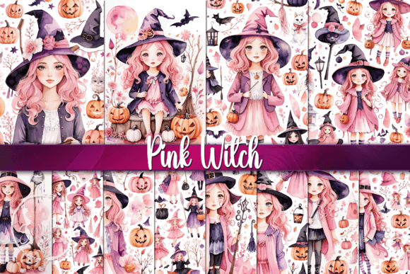 Cute Halloween Pink Witch Backgrounds for Your Projects