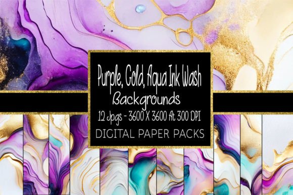 Exploring Purple Aqua Gold Ink Wash Backgrounds for Digital Design